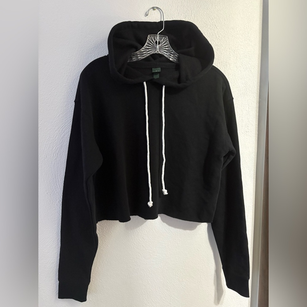 Wild Fable Black Cropped Hoodie with White Drawstrings